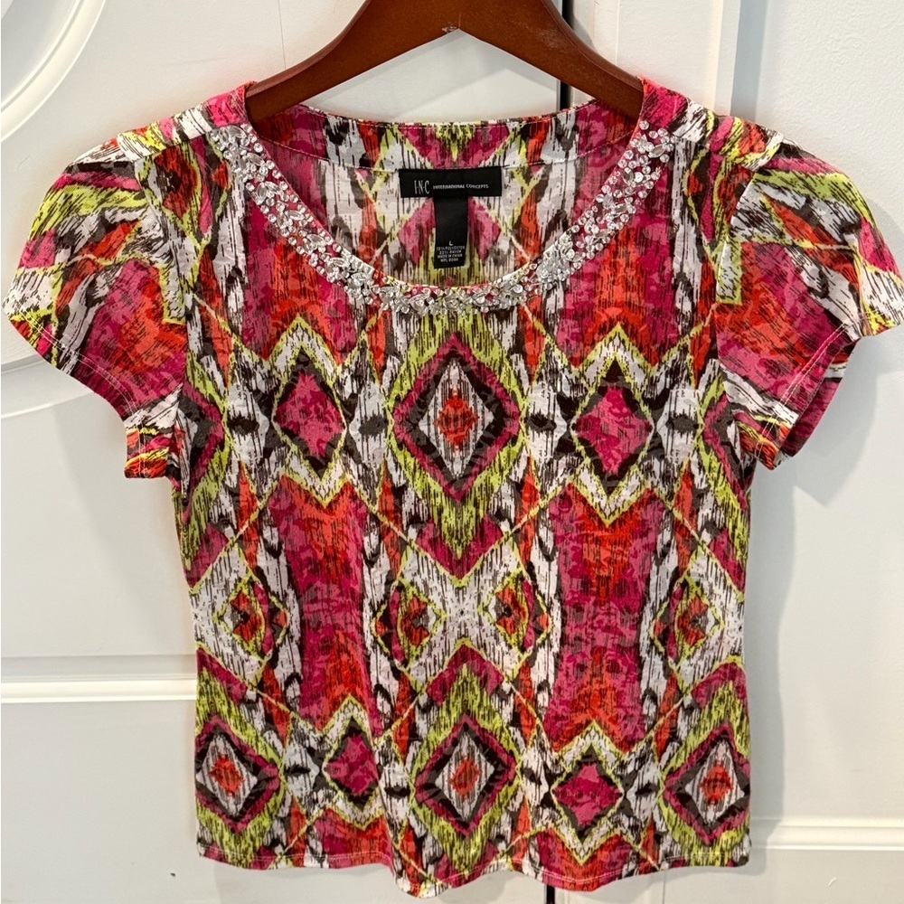 INC International Concepts Pink Multi-Color Embellished Neck Short Sleeve Top